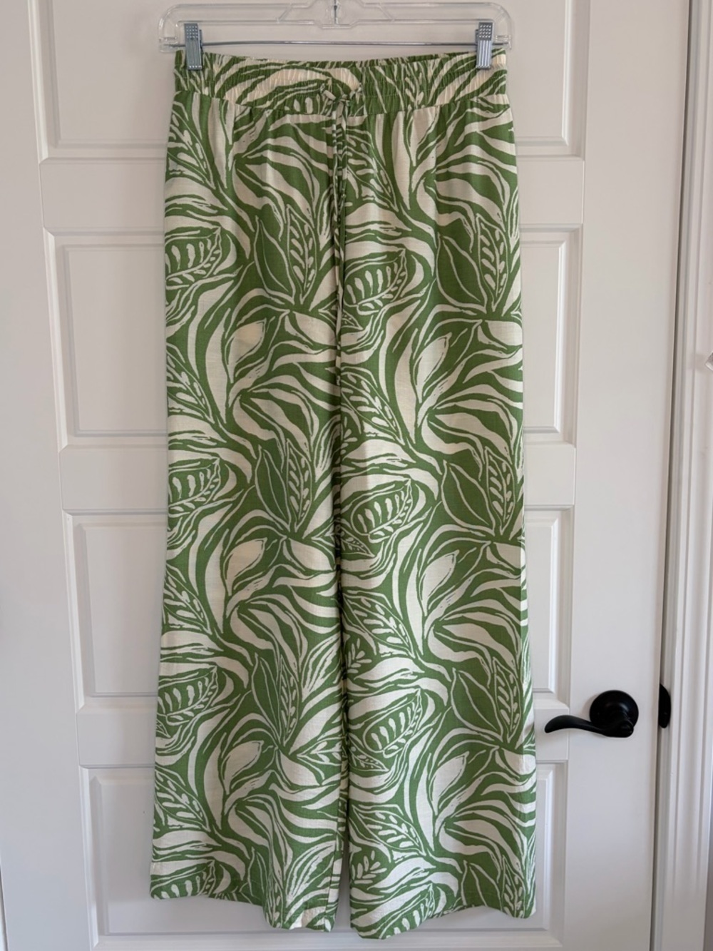 Peach Tropical Palm Print Wide Leg Pants Green/White Large Hawaiian Resortwear